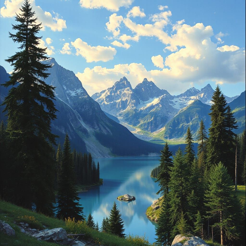 Lush Landscape Painting with Forests and Mountains