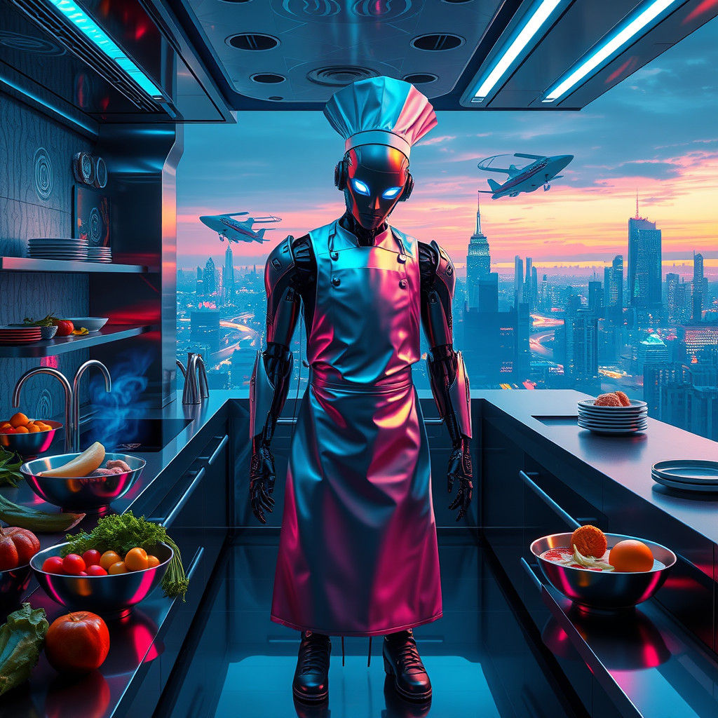 Futuristic Robot Chef in Neon Kitchen