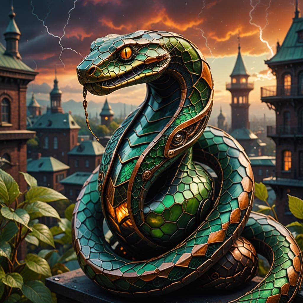 Steampunk Snake on Rooftop in Surreal Style