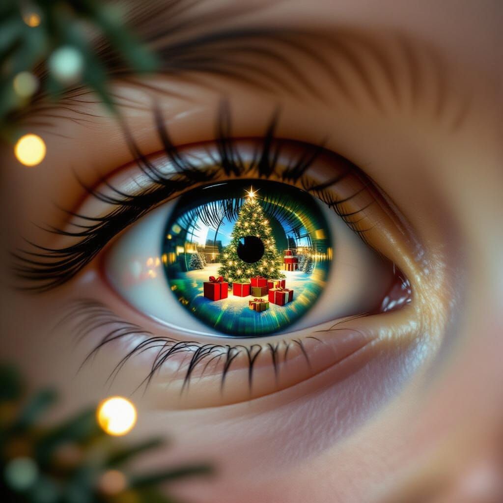 Hyperrealistic Child's Eye Reflecting Christmas Tree and Gif...