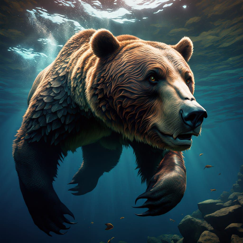 Grizzly Bear Diving for Salmon in Moonlit Lake