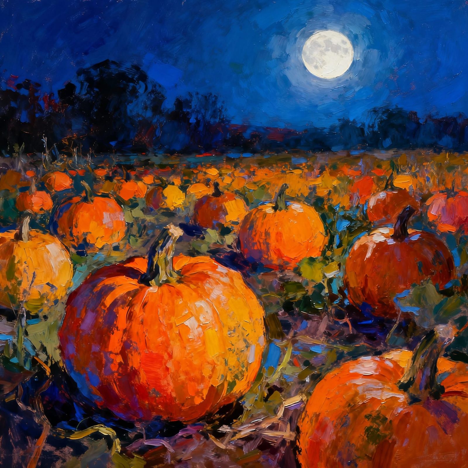 Vibrant Abstract Pumpkin Field Under Moonlight
