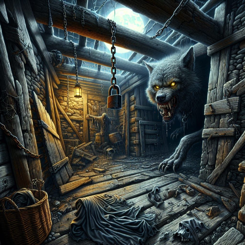 Dark Wolves Confront Abandoned Shack in Haunting Mural