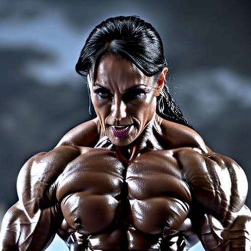 Mega Muscular Female Bodybuilder in the Rain