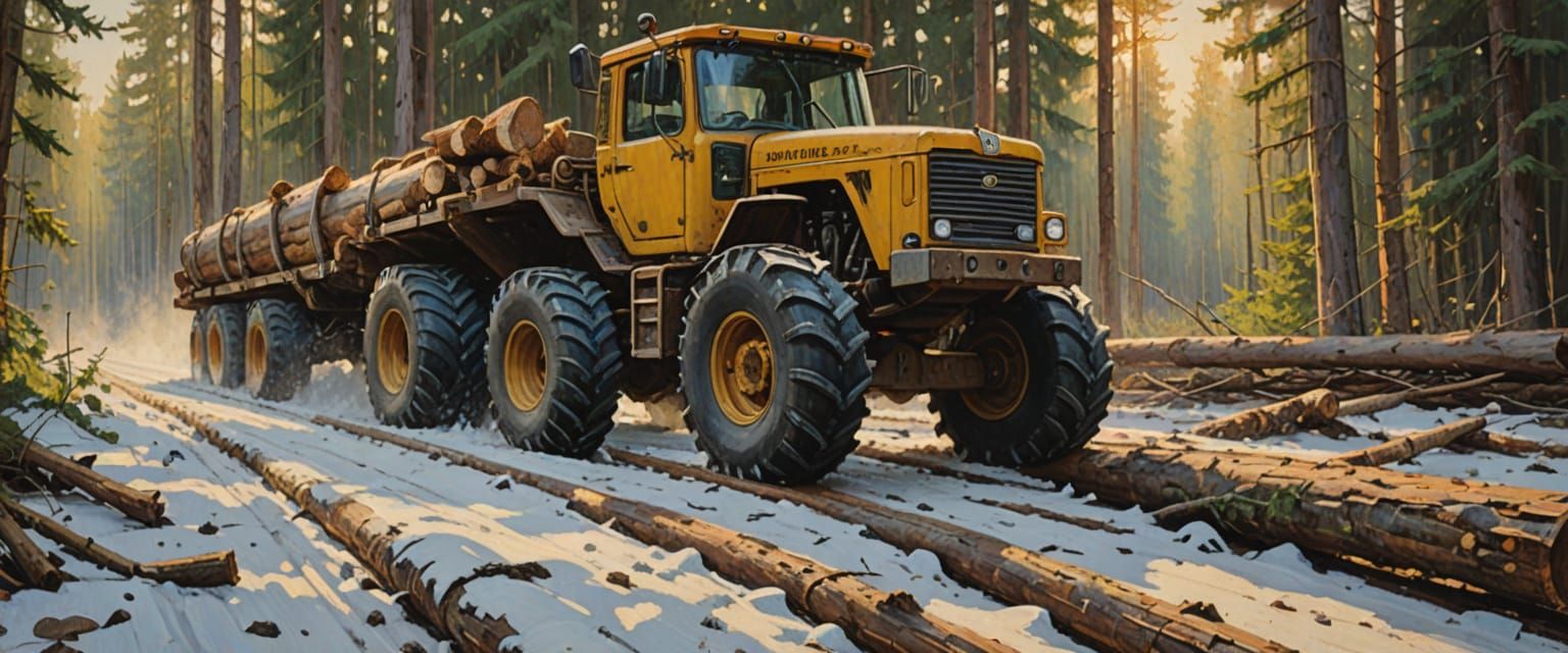 Impressionist Log Skidder in Forest: Oil Painting