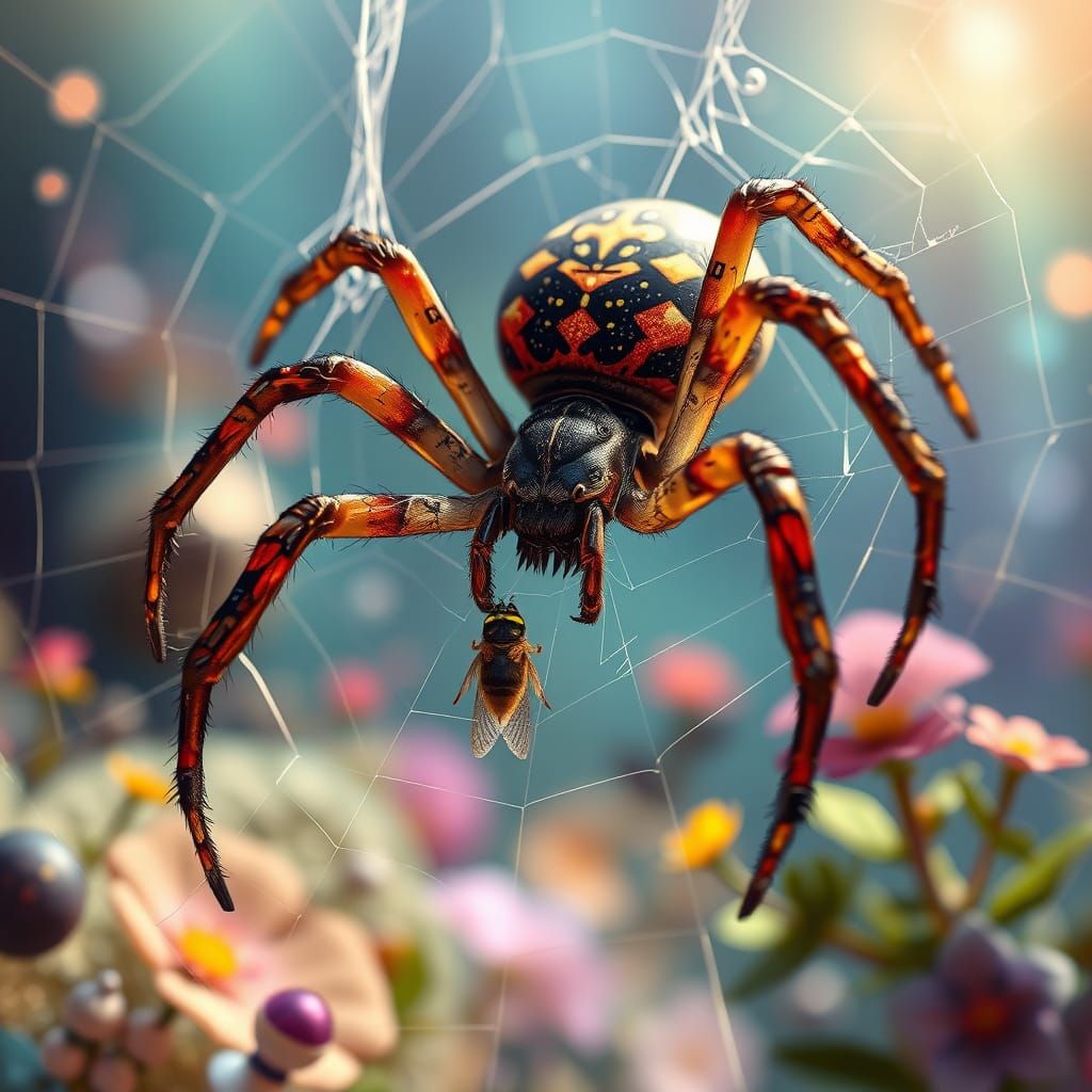 Vibrant Spider Captures Fly in Dreamlike Matte Painting