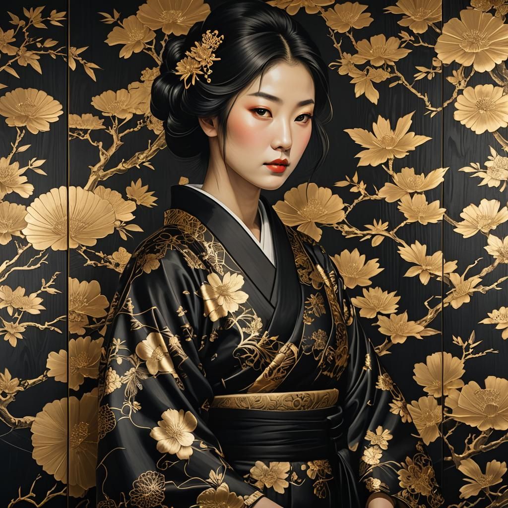 Japanese Wall Art: Woman in Kimono with Gold Accents