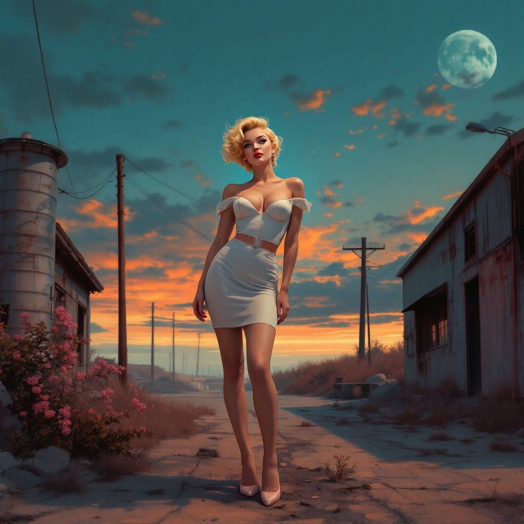 Pin-Up in Retro Industrial Landscape, Pop Surrealism