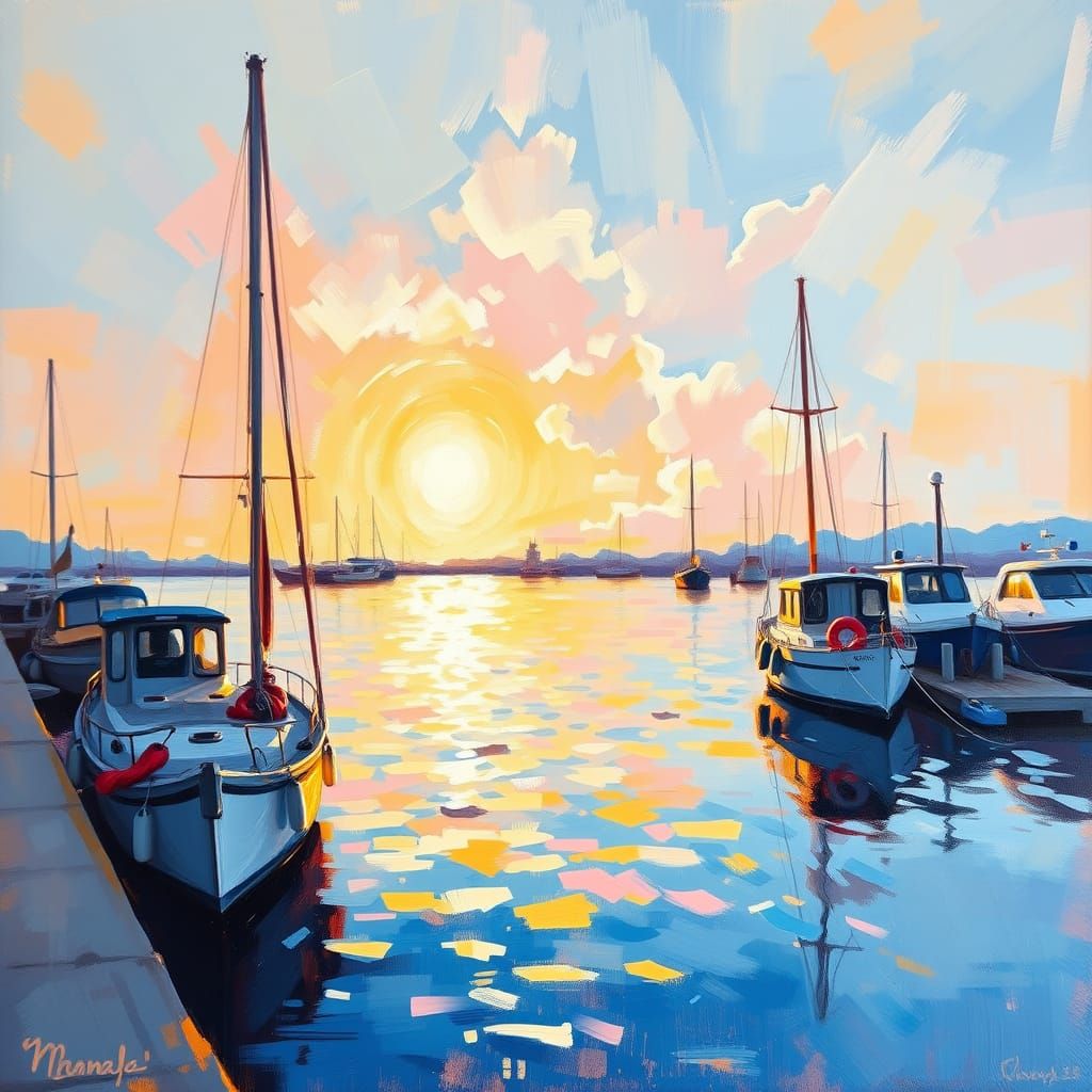Dreamy Sunrise Harbor Scene in Neo-Impressionist Style