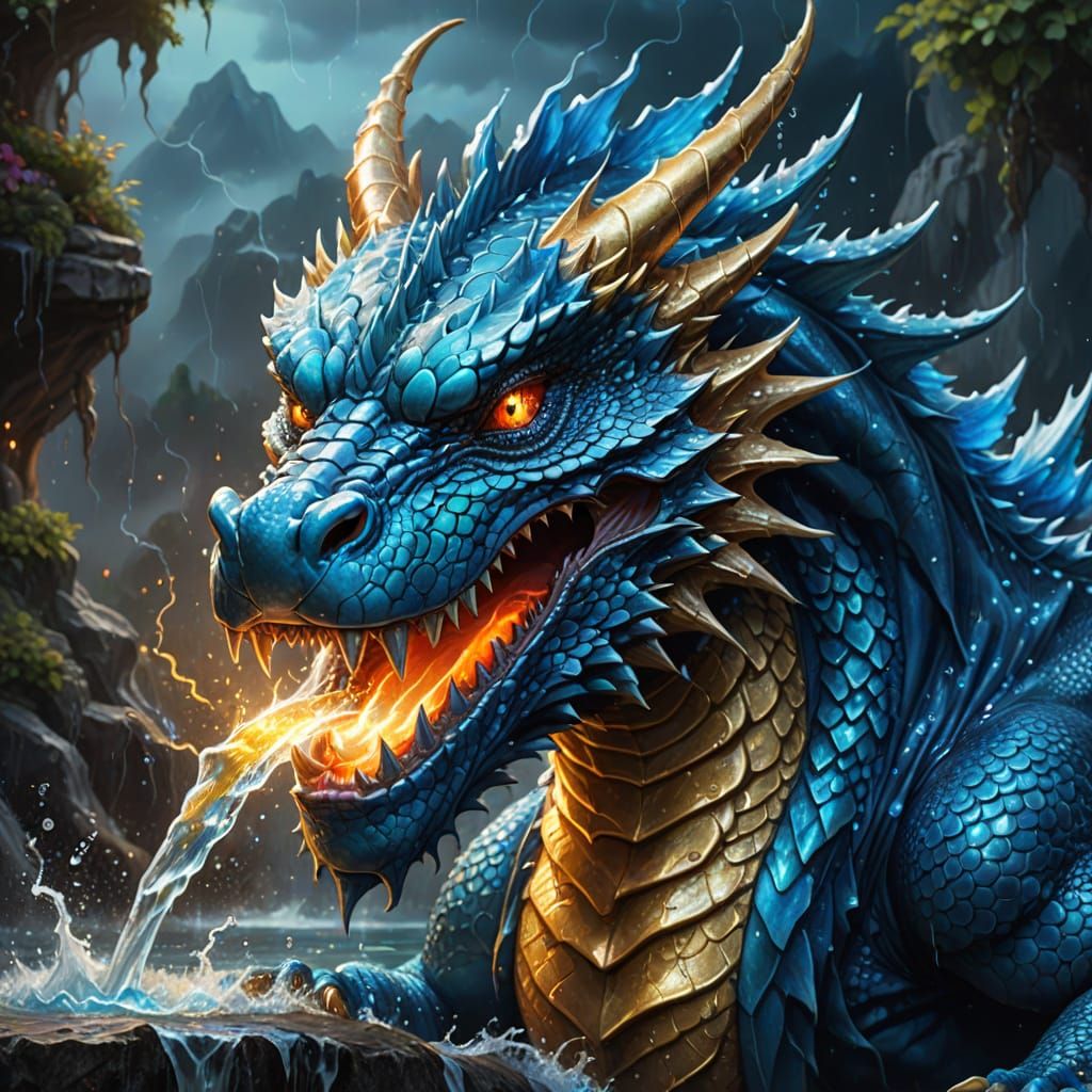 Electric Blue Dragon Spewing Water: Oil Painting