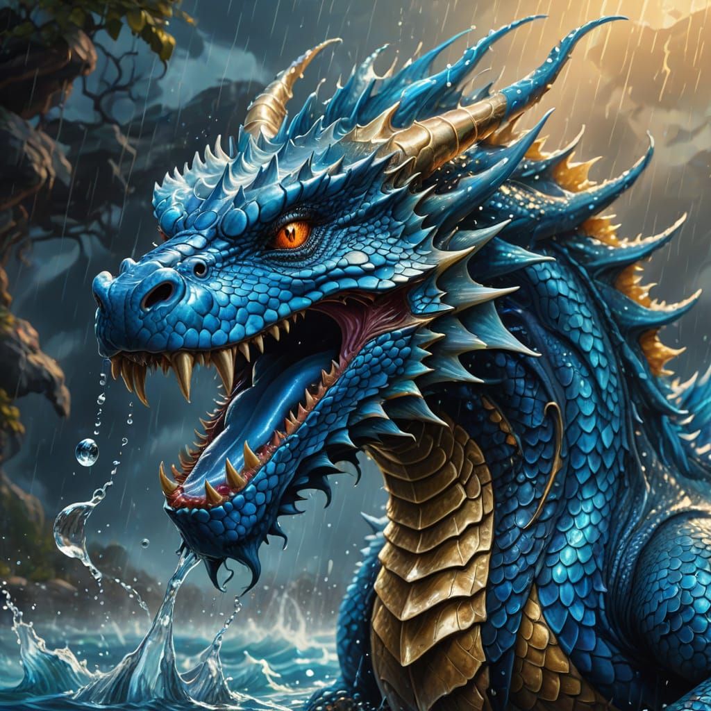 Electric Blue Dragon in Surreal Oil Painting