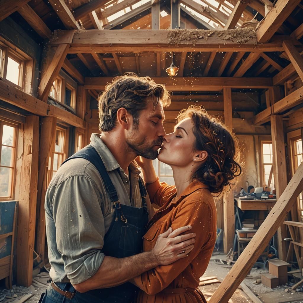 Passionate Kiss on Construction Site: Fantasy Concept Art