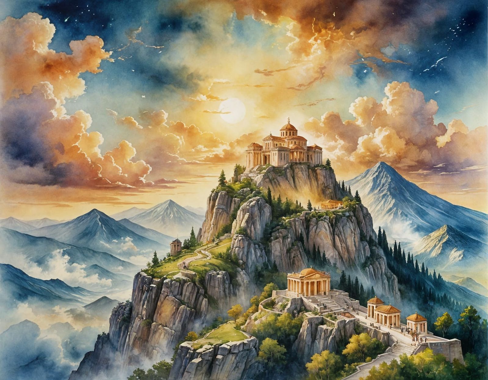 Mount Olympus in Detailed Watercolor Painting