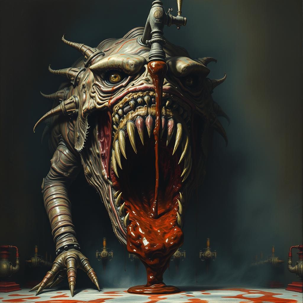 Grotesque Monster Under Sauce Tap, in Biomechanical Style