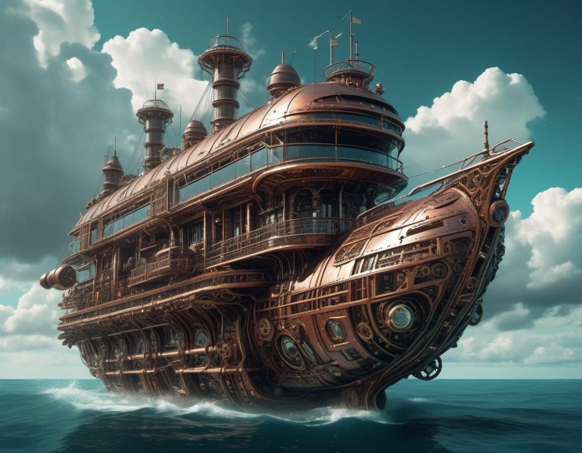 Majestic Steampunk Ship on the Ocean: Digital Art