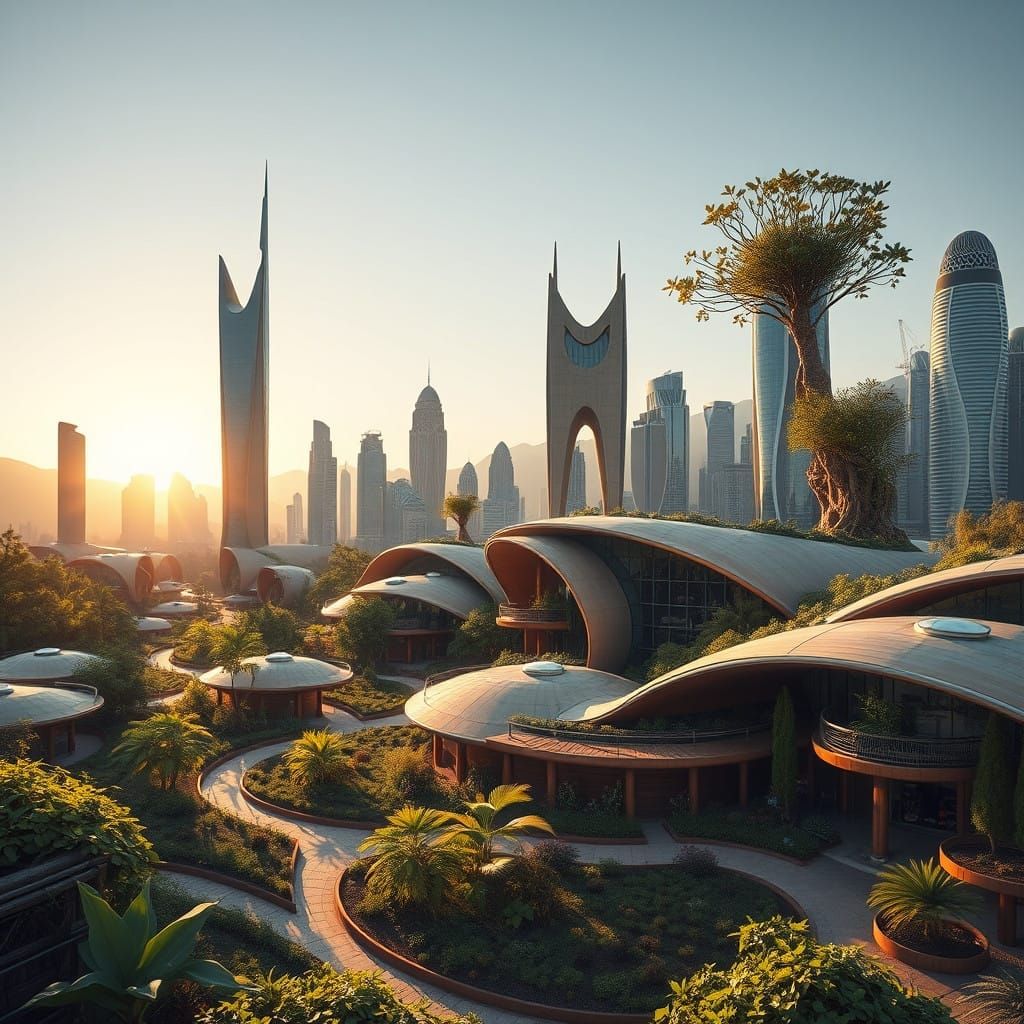 Native American Futuristic Cityscape in Harmony with Nature,...