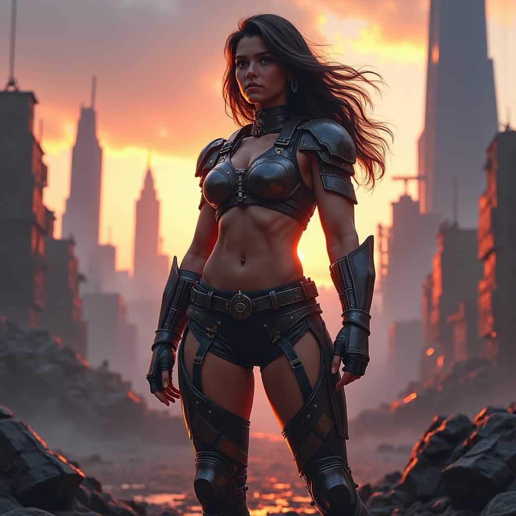 Heroic Female Warrior in War-Torn Cityscape