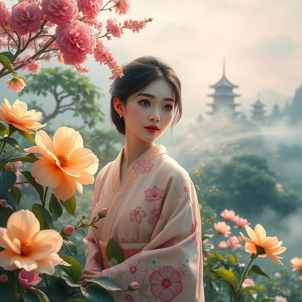 Dreamlike Asian Landscape with Woman and Flowers