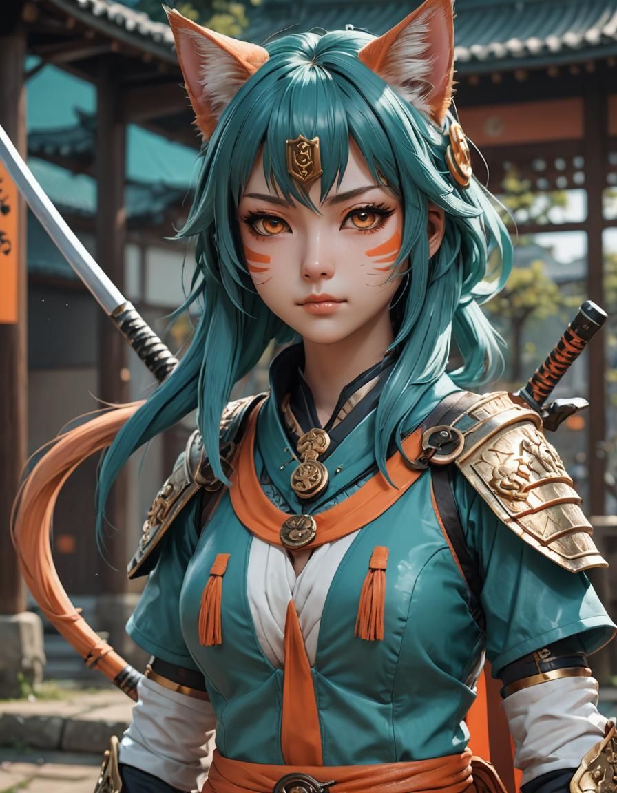 Samurai Nekomimi Warrior in 3D Anime Art Style