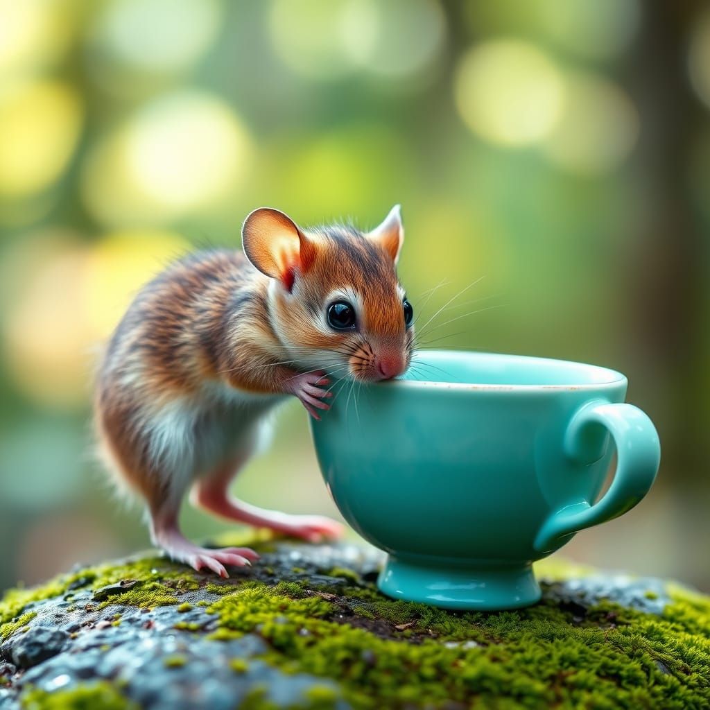 Mouse Sipping Tea in Enchanted Forest Setting
