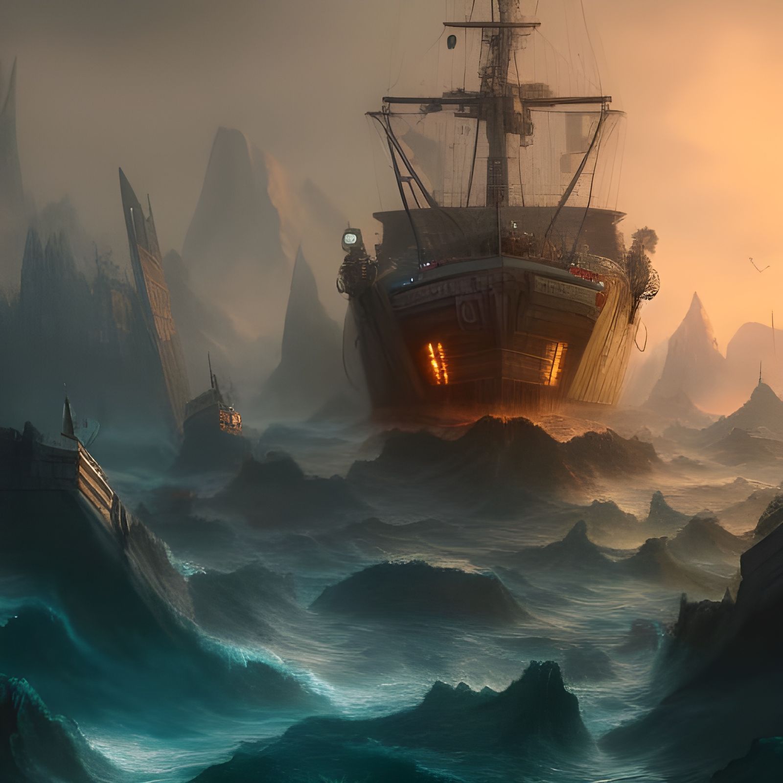 Fantastical Ship on Stormy Sea in Detailed Matte Painting