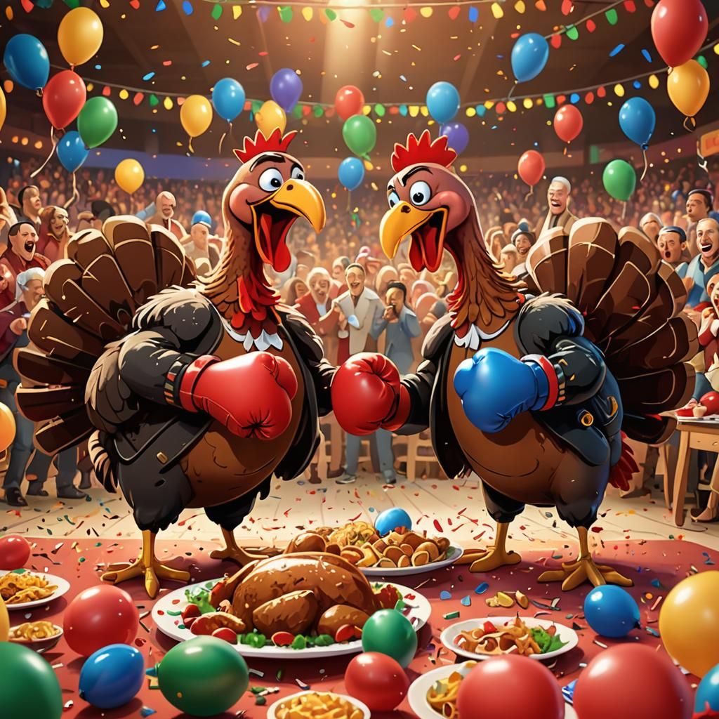Turkeys Boxing at Holiday Dinner, Disney Cartoon Style