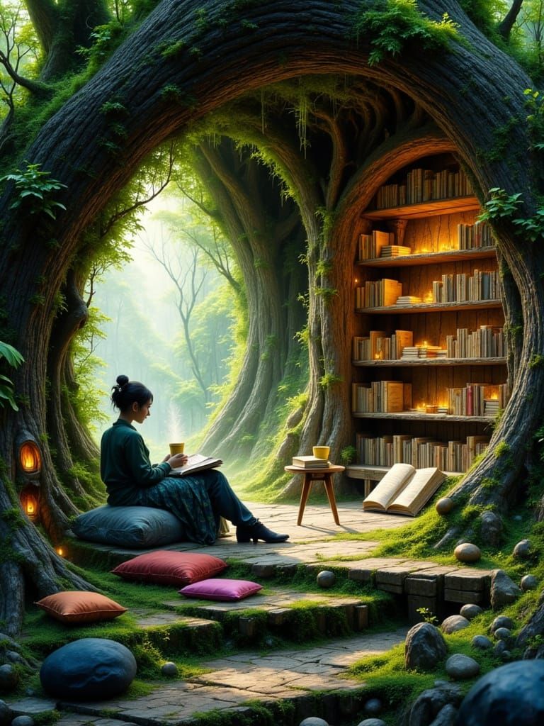 Enchanting Treehouse Reading Nook with Glowing Moss