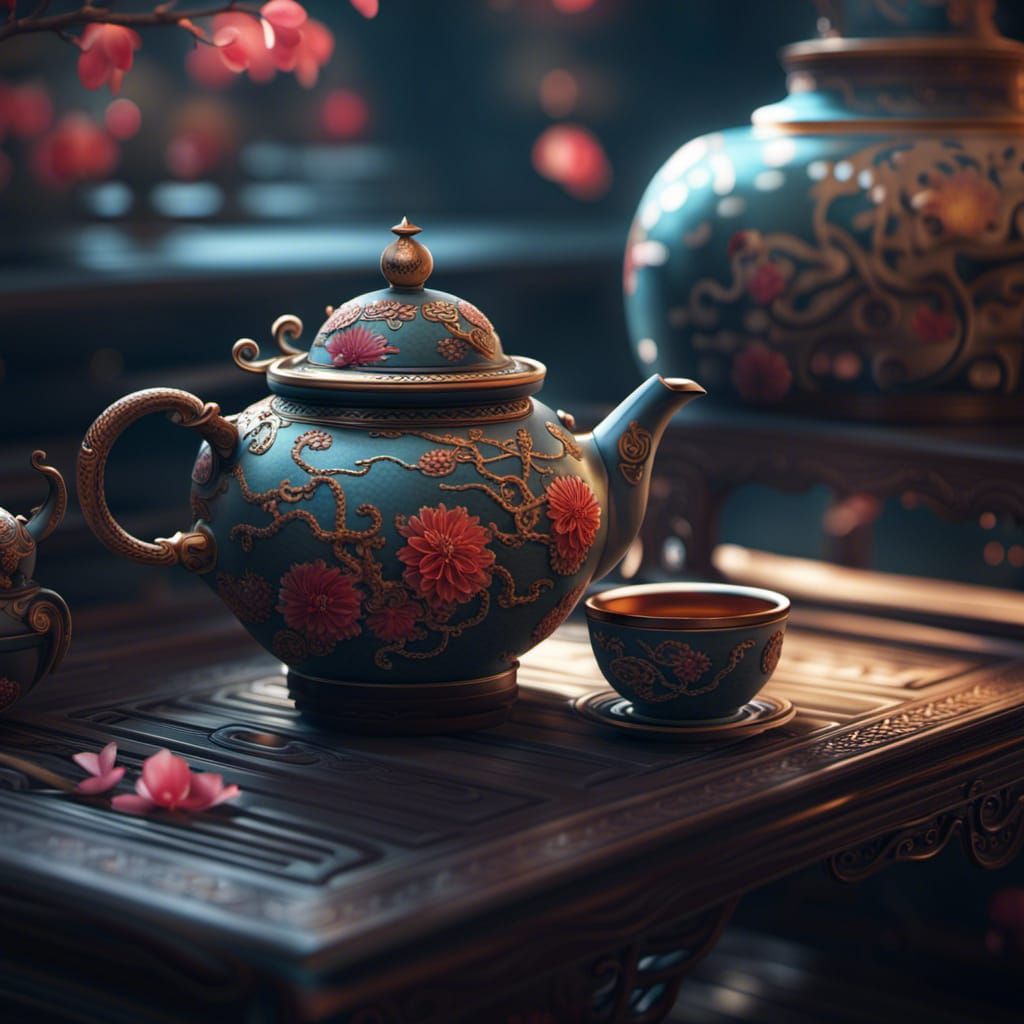 Ornate Chinese Teapot in Tea House: Photorealistic Image