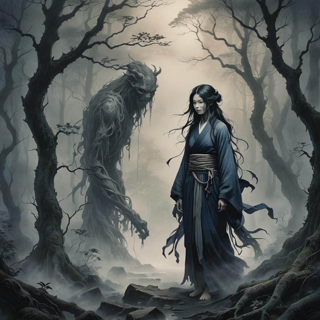 Japanese Demon in Misty Forest: Ink Wash Style