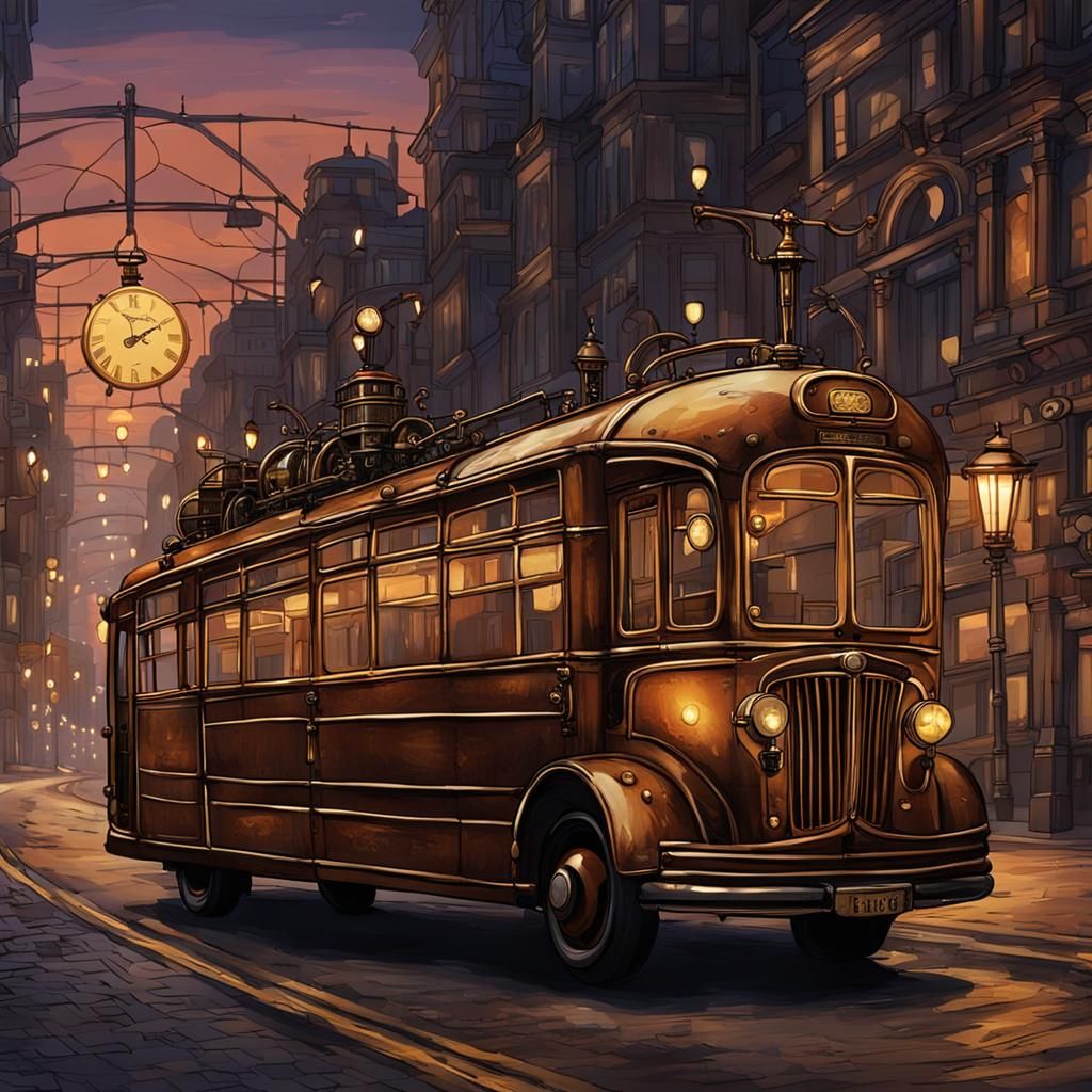 Steampunk Bus on City Street at Dusk
