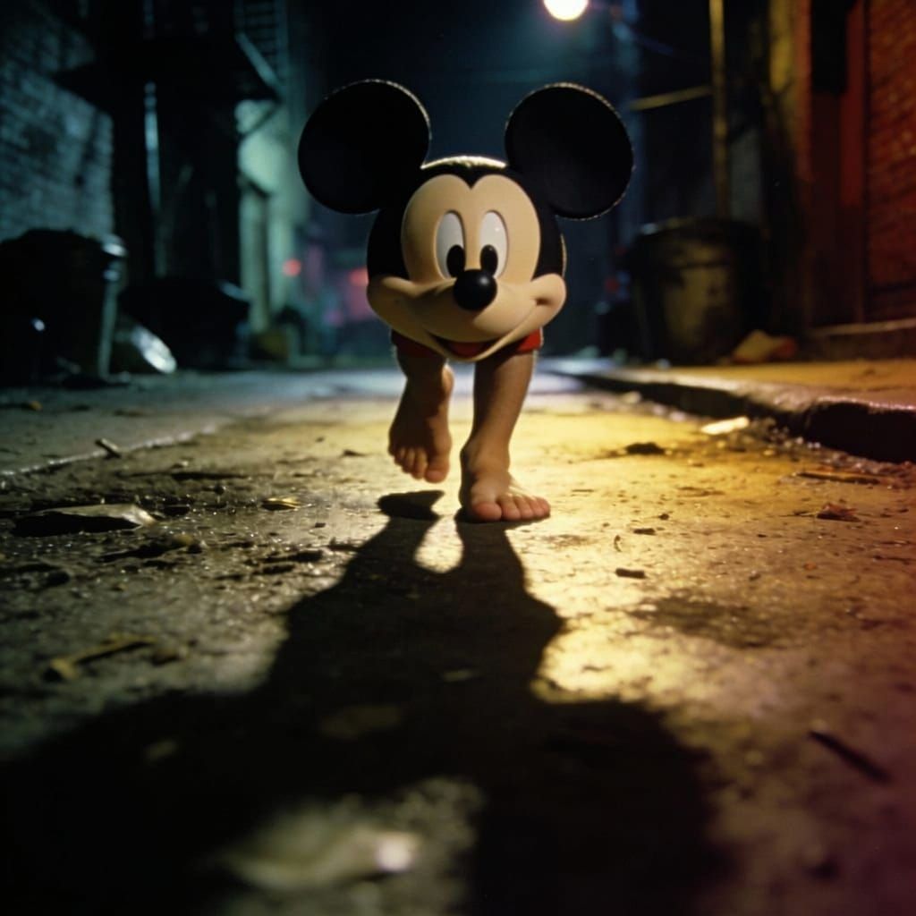 Mickey Mouse Walks Barefoot on Grimy Street