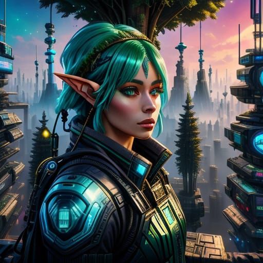 Cyberpunk Elf in Futuristic Treetop City