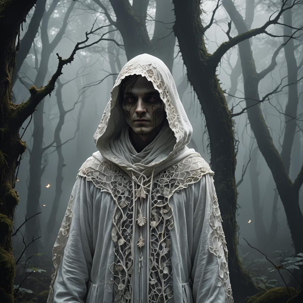 Death in White Robe in Misty Forest