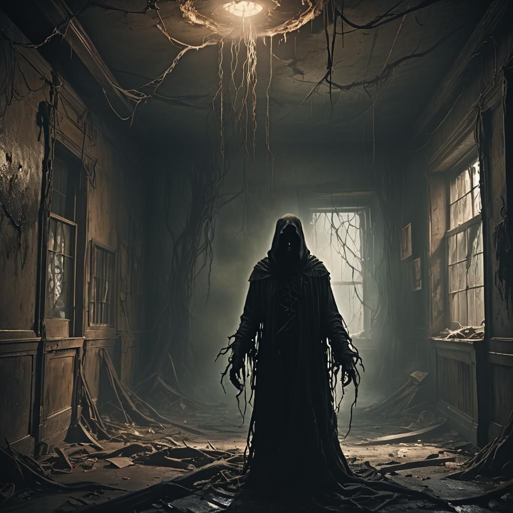 Dark Fantasy Ghostly Figure in Decaying Room