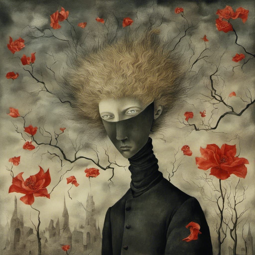 <lora:Varo Remedios style:1.0> red and black Portrait of a s...