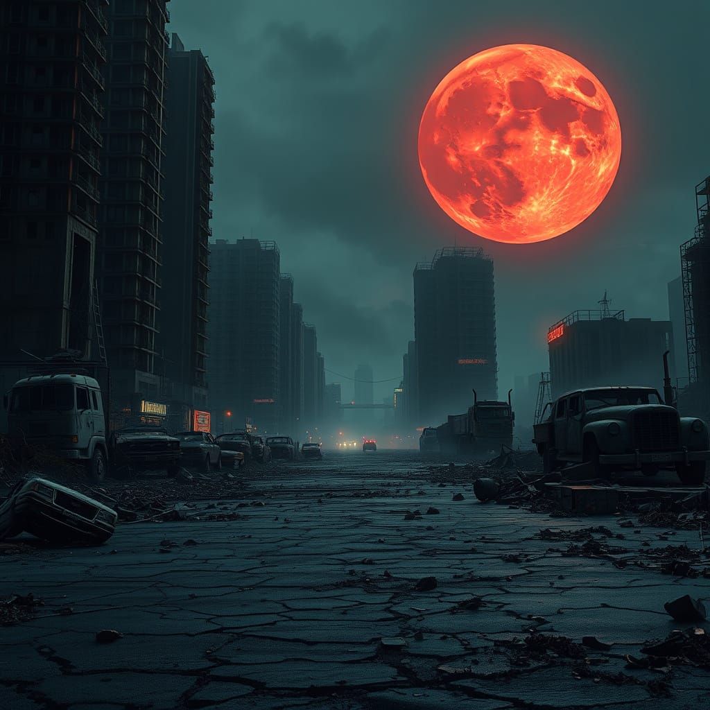 Dystopian Wasteland Under a Blood-Red Moon