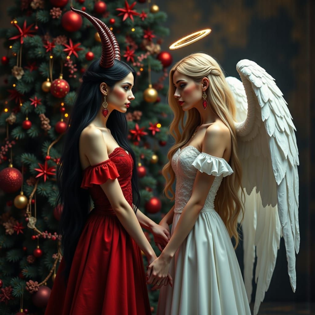 Demoness and Angel Embrace, Detailed Realistic Art