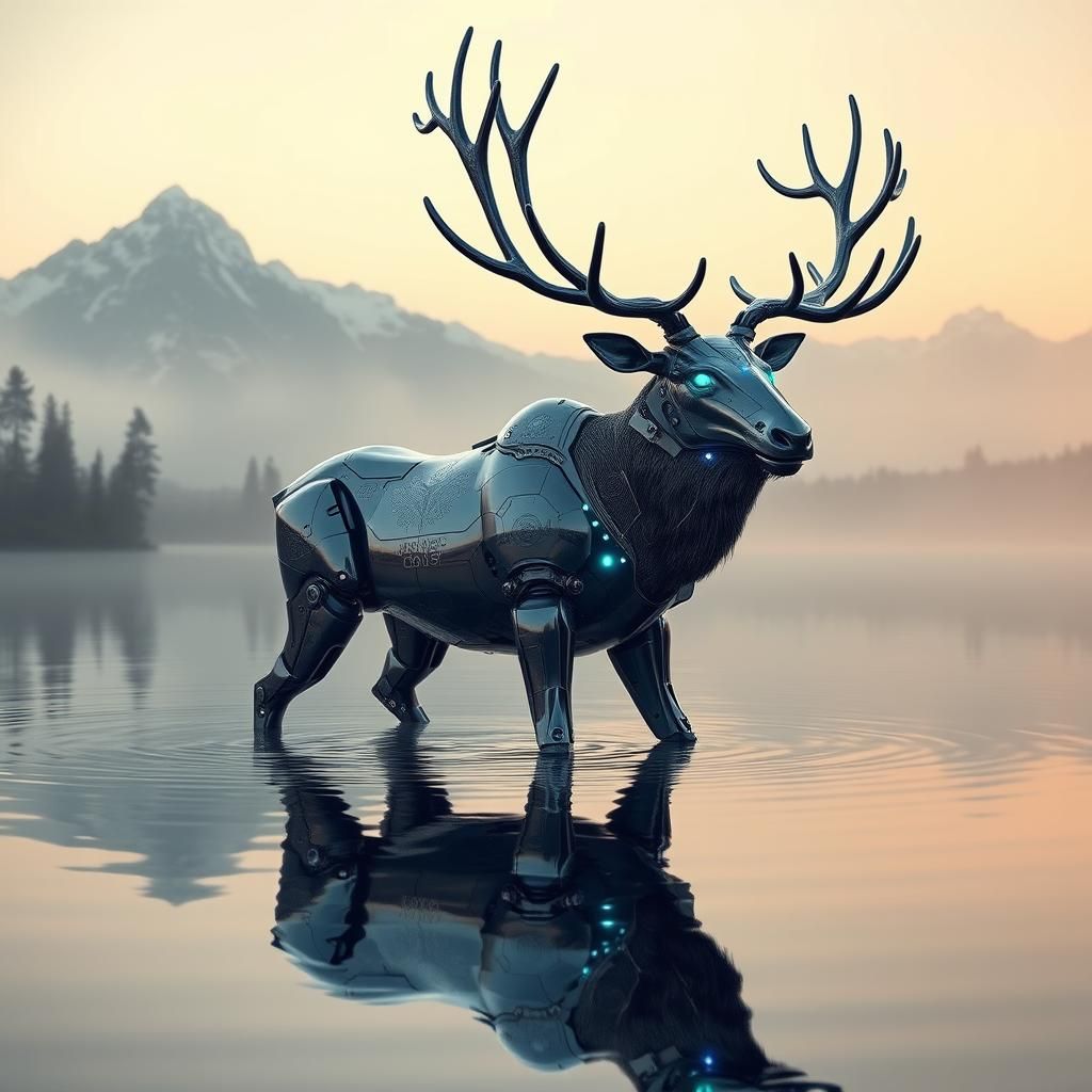 Mechanized Elk in Serene Lake, Cyberpunk Style
