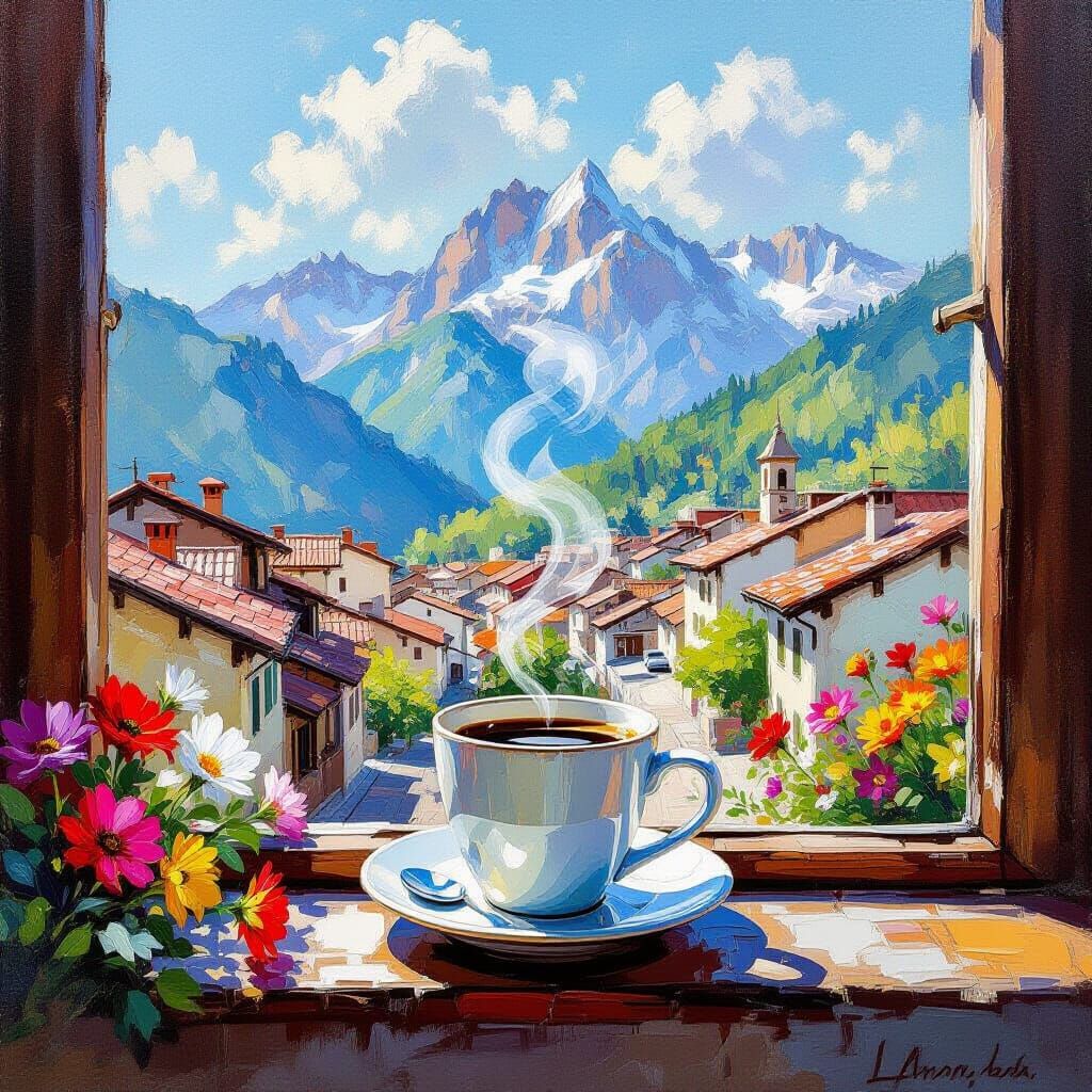 Steaming Coffee Cup on Window Ledge, Rustic Town View