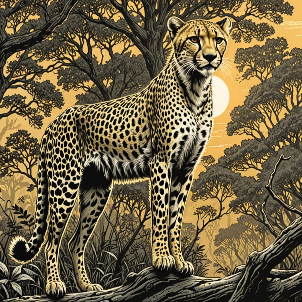 Masterful Cheetah Ink Etching in Fantasy Realism Style