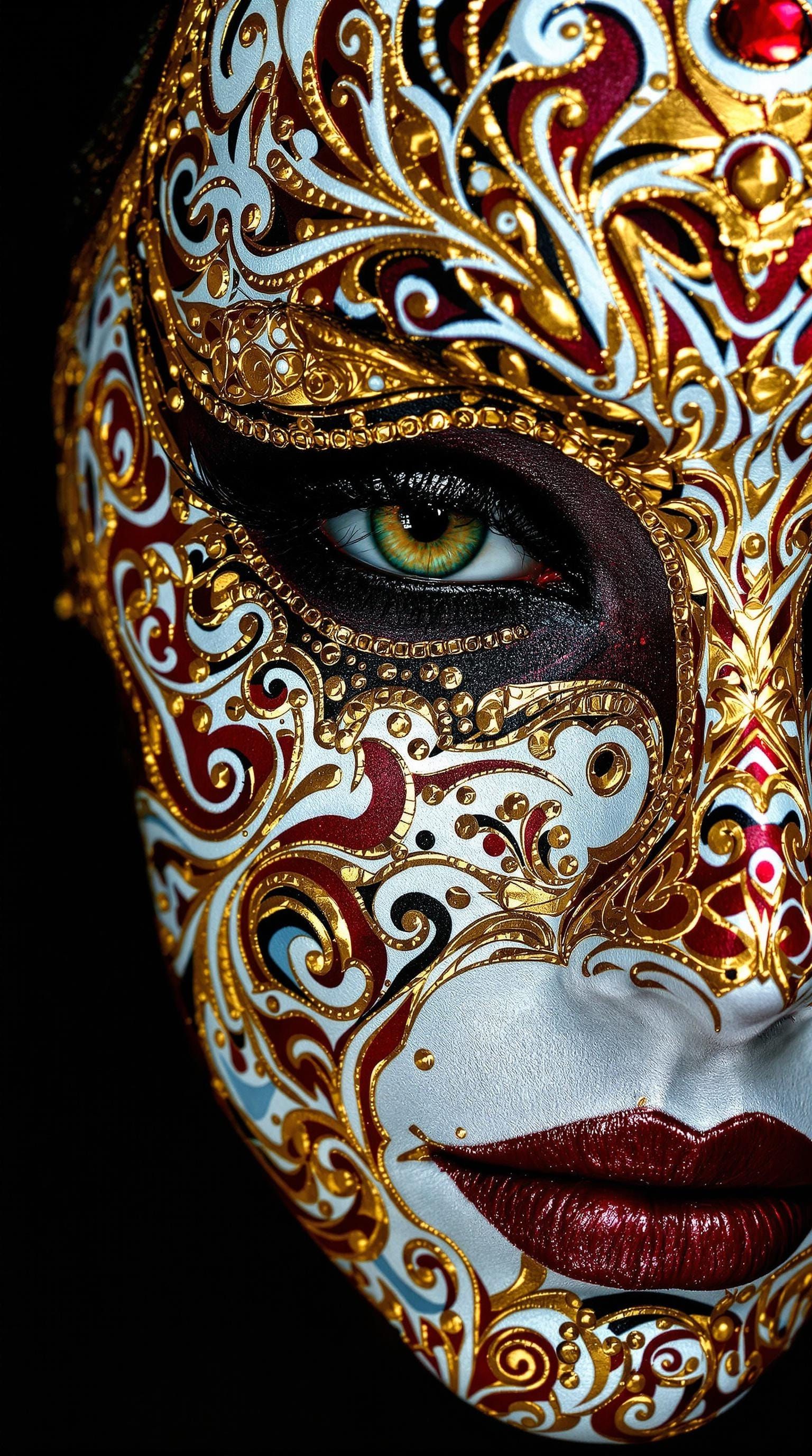 Vibrant Face Paint in Swirling Patterns, Evoking Ancient Mys...