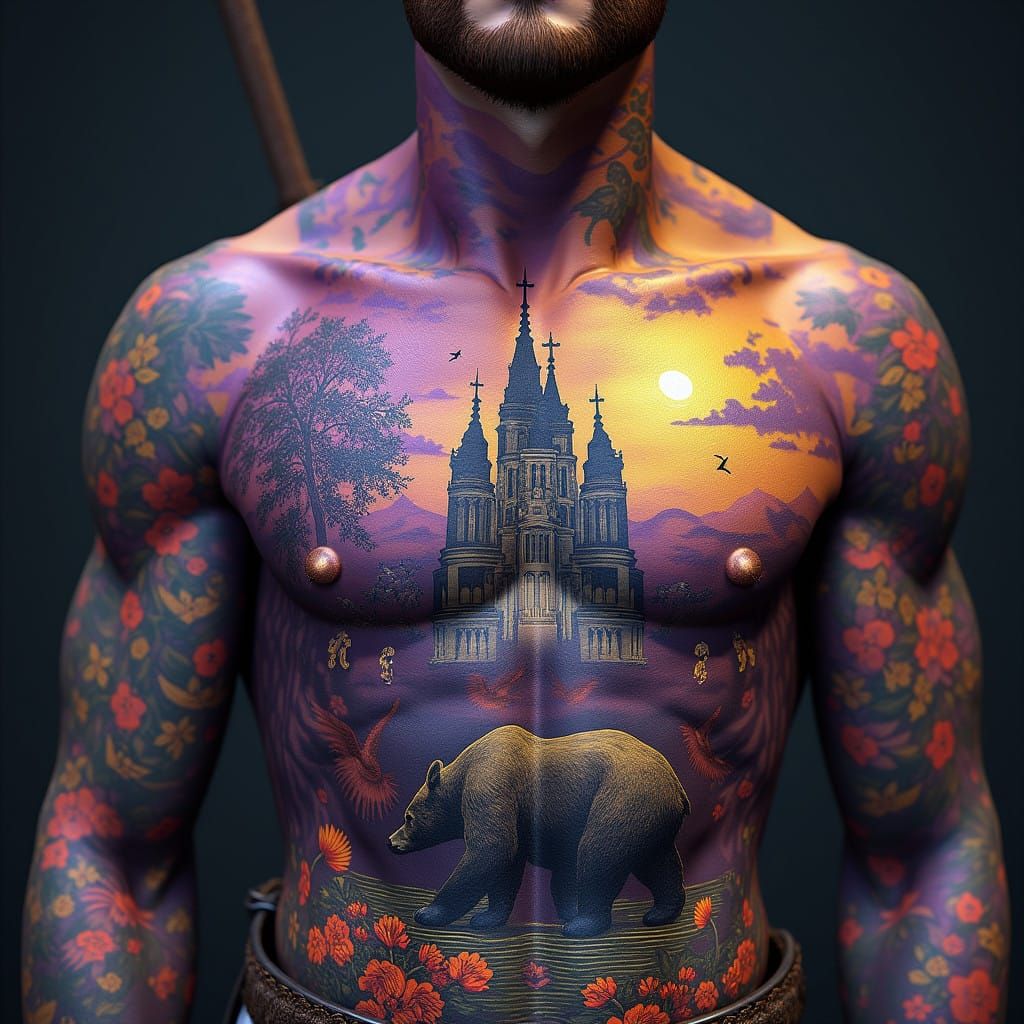 Ethereal Warrior Torso in Vibrant Dark Fantasy Tattoos