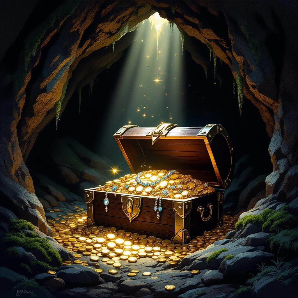 Treasure Chest in Cozy Cave Fantasy Art