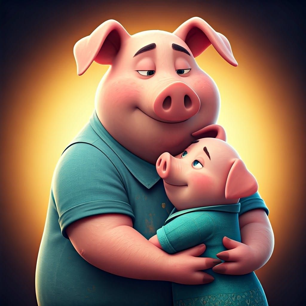 Siblings Pig Brothers Tender Moment in Vibrant Cyberpunk Sty...