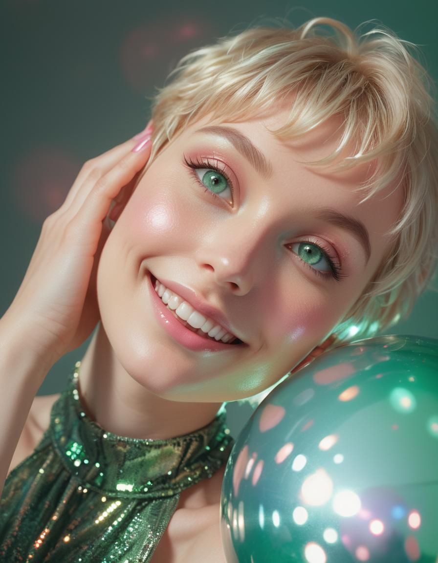 Smiling Pixie Woman with Mirrored Ball in Ethereal Colors