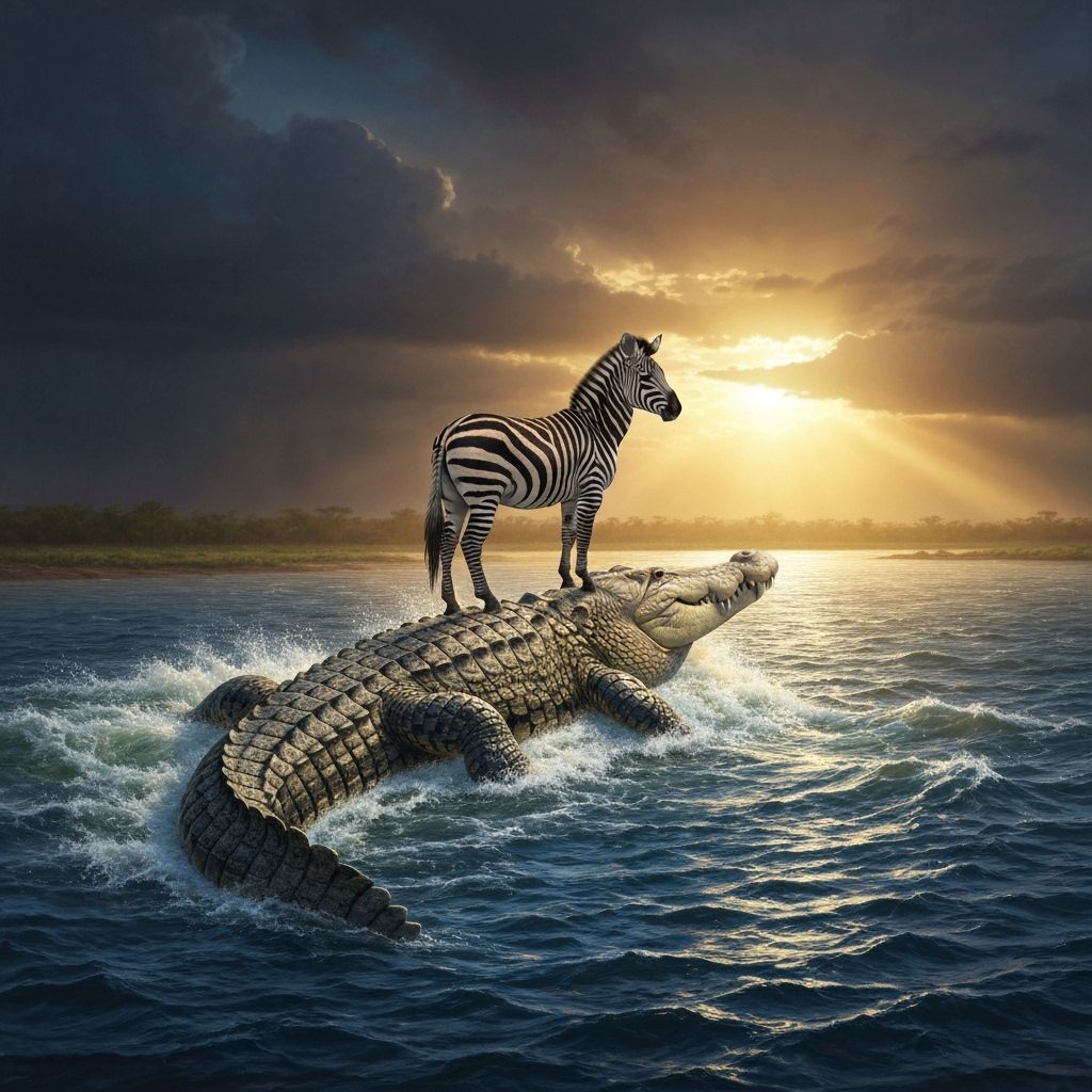 Zebra Rides Crocodile Across River at Sunset