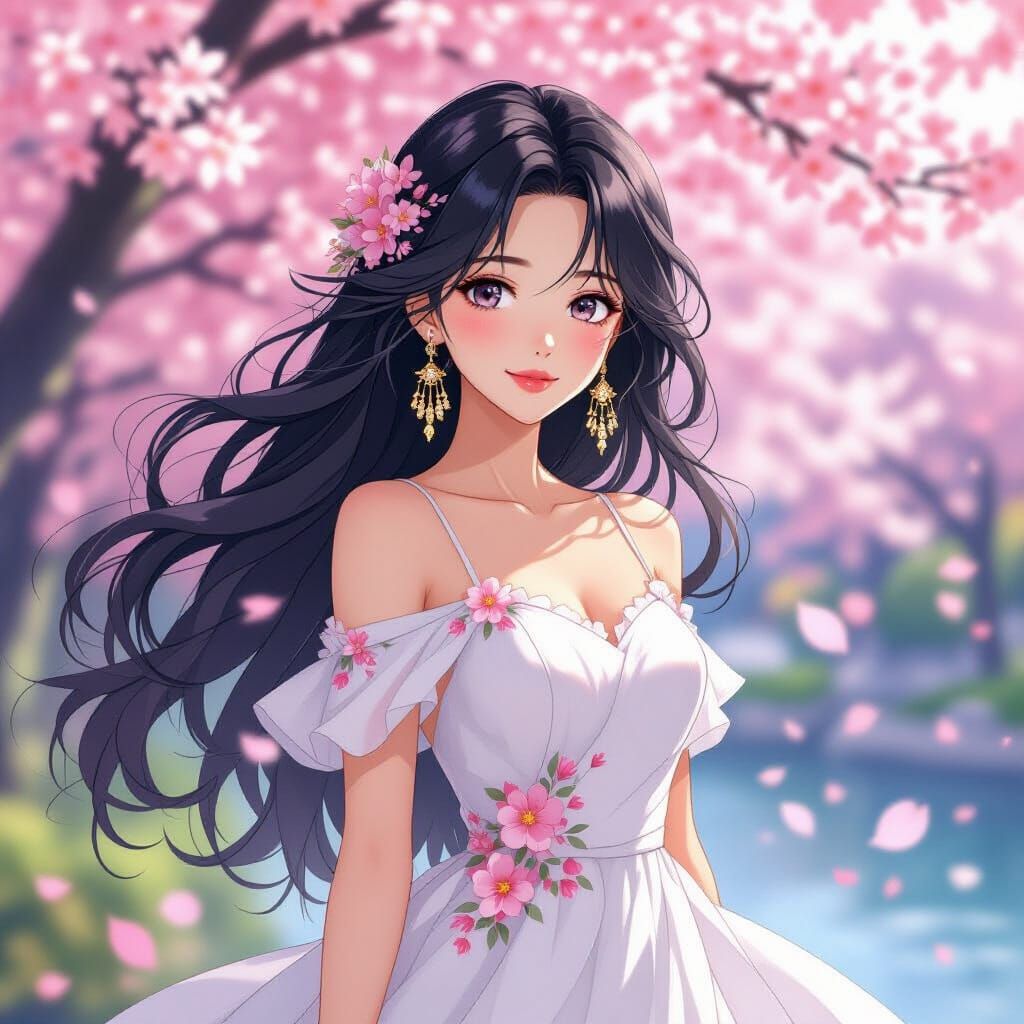 Anime Woman Amidst Cherry Blossoms in Full Bloom