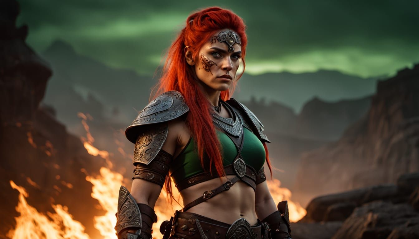 Epic Fantasy Barbarian Woman Stands as Sunset Falls Behind H...