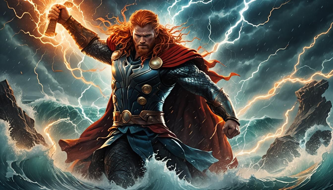 Thor Strikes the Serpent in Vivid Digital Art