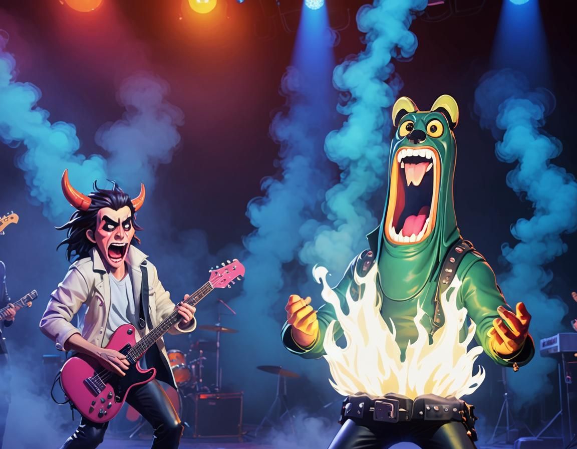 Cartoon Rock Band on Stage in Pop Art Style